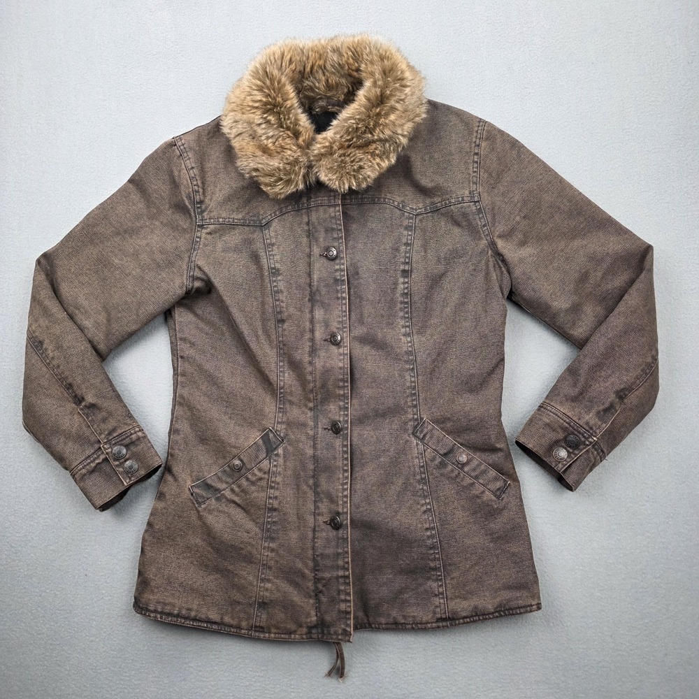 Vintage Cripple Creek Ranchwear Jacket Womens Medium Brown Canvas Faux Fur Y2K